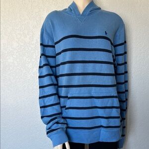 Polo Ralph Lauren Youth XL Blue Stripe Hoodie Y2K Kangaroo Pocket Oversized Fit